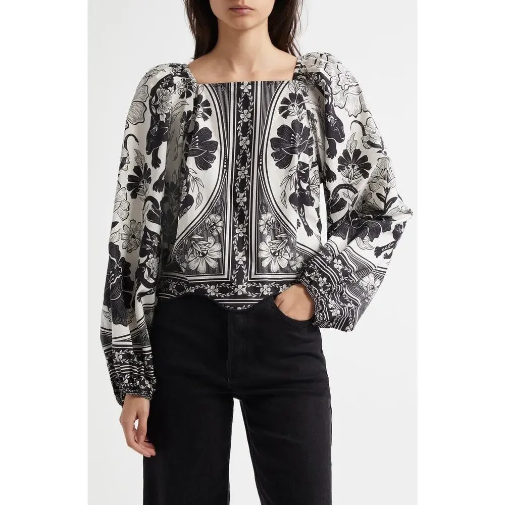 NWT Farm Rio Women’s XXS Flower Leopard Blouse Puff Sleeve Chic Boho Vacation